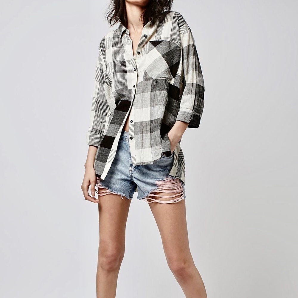 Topshop Black and White Plaid Button Down Shirt